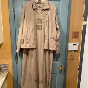 Focus vintage Blue Fish-like hand painted tan dress with vest XL exc. condition